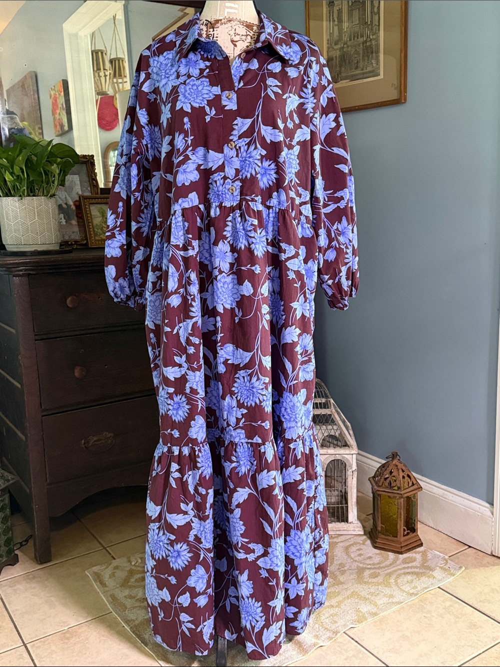 Maeve Anthropologie Bettina Brown Blue Floral Tiered Midi Shirt Dress Large